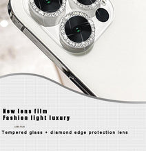 Load image into Gallery viewer, Glitter Diamond Rhinestones Metal Ring Camera Tempered Glass For iPhone 11 12 13 14 Pro Max Mini Plus Lens Protector Full Cover 9H Tempered Glass Camera Lens Protector Metal Single Ring Full Coverage Camera Lens Protector
