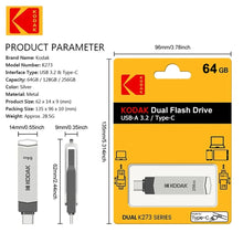 Load image into Gallery viewer, Kodak K273 Metal USB Flash Drive USB3.2 Type C Flash Drive 32GB 64GB 128GB 256GB High Speed for Car Laptop
