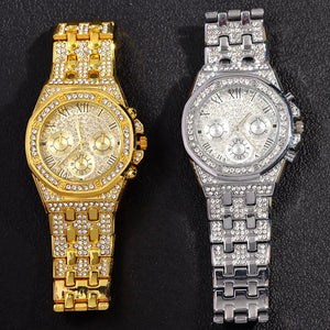 14MM Necklace+Watch+Bracelet Iced Out Watches For Men 2 Row Rhinestone Cuban Chain Necklace Set Women Men Hiphop Jewelry Gift