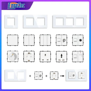 Bingoelec DIY EU Standard Socket Button Switch USB TV Telephone Satellite With Crystal Glass Frame Panel White Home Improvement