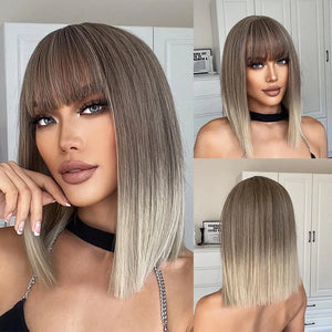 Short Straight Synthetic Wigs for Women Blonde to Brown Ombre Bob Wigs with Bangs Daily Cosplay Party Heat Resistant Fake Hair