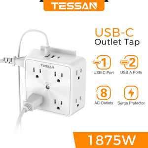 TESSAN Multi Outlet Splitter with 8 AC Outlets & 3 USB (1 USB C) Surge Protector Multi Outlet Extender for Home Office Dorm