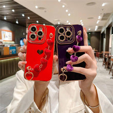 Load image into Gallery viewer, Luxury Mini Heart Shaped Love Bracelet Strap Phone Case Case with Chain Luxury Sparkle Love-Hearts Case with Strap Bracelet Slim Soft Protective Girly Cover For iPhone 11 12 13 14 Pro Max X XR XS Nice Heart Frame On 7 8 Plus SE Chain Phone Cover
