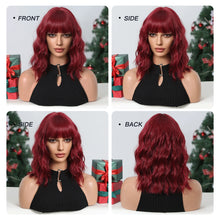 Load image into Gallery viewer, Short Wavy Wine Red Synthetic Wigs for Women Curly Lolita Wigs With Bangs Shoulder Length Wigs Natural Looking Daily Cosplay
