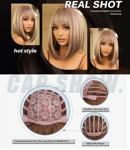 Short Straight Synthetic Wigs for Women Blonde to Brown Ombre Bob Wigs with Bangs Daily Cosplay Party Heat Resistant Fake Hair