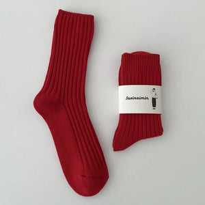 Women's Socks Long Fashion Cotton Breathable Autumn Winter Solid Color Girls Retro Red Comfortable Mid-tube Socks