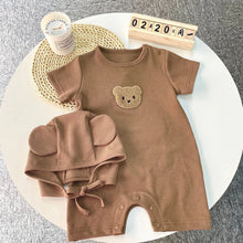 Load image into Gallery viewer, New In Summer Kids Baby Girls Boys Short Sleeve Waffle Patch Bear Infant Newborn Jumpsuits Cotton Romper Gift Hat with Ear
