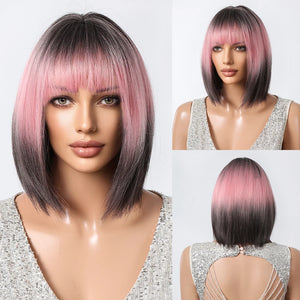 Short Straight Synthetic Wigs for Women Blonde to Brown Ombre Bob Wigs with Bangs Daily Cosplay Party Heat Resistant Fake Hair