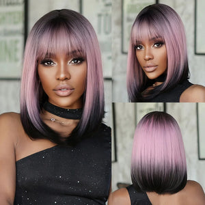 Short Straight Synthetic Wigs for Women Blonde to Brown Ombre Bob Wigs with Bangs Daily Cosplay Party Heat Resistant Fake Hair
