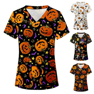 Halloween Print Nurse Uniform Women Short Sleeve V-neck Tops Healthcare Tunic Pocket Blouse Overalls Female uniforme clinico