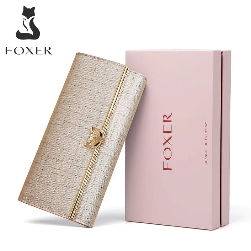 FOXER Brand Women's Split Leather Long Wallet Lady Luxury Clutch Bags Coin Purse Female Fashion Credit Card Holder Festival Gift
