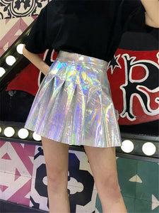 Jo's Magia Box Y2k Holographic Pleated Sexy Women Mini Skirts PU Rainbow Laser Harajuku Party Club High-waisted Women's Skirts