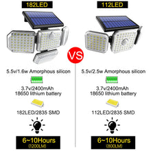 Load image into Gallery viewer, Solar Outdoor Security Light – 182/112 LED Floodlight with 3 Adjustable Modes, IP65 Waterproof Motion Sensor Lamp for Garage, Garden &amp; Yard
