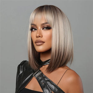 Short Straight Synthetic Wigs for Women Blonde to Brown Ombre Bob Wigs with Bangs Daily Cosplay Party Heat Resistant Fake Hair