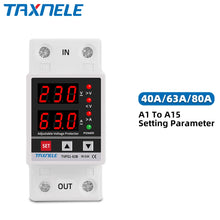 Load image into Gallery viewer, Dual Display 40A 63A 230V Din Rail Adjustable digital Over Under Voltage Relay Surge Protector  Limit Over Current Protection
