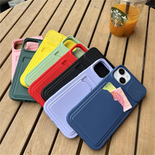Load image into Gallery viewer, Lightweight Slide Camera Protection Card Holder Wallet Phone Case For iPhone 13 14 Pro Max 12 11 Soft Silicone Cover Soft Skin Silicone Cover Yellow Card Holder Sliding Camera Protection Cover For iPhone
