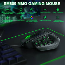 Load image into Gallery viewer, SOLAKAKA SM809 Wired Gaming Mouse 16 Side Buttons 22800 DPI Programmable Macro MMO Mouse Gamer PAW3311 Honeycomb Ergonomic RGB
