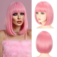 Load image into Gallery viewer, Short hair synthetic wig with side parting, locks around the collarbone, hair made of high-temperature fibers, full head cover.
