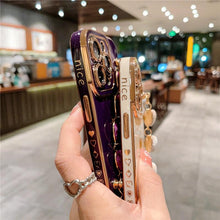 Load image into Gallery viewer, Luxury Mini Heart Shaped Love Bracelet Strap Phone Case Case with Chain Luxury Sparkle Love-Hearts Case with Strap Bracelet Slim Soft Protective Girly Cover For iPhone 11 12 13 14 Pro Max X XR XS Nice Heart Frame On 7 8 Plus SE Chain Phone Cover
