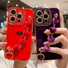 Load image into Gallery viewer, Luxury Mini Heart Shaped Love Bracelet Strap Phone Case Case with Chain Luxury Sparkle Love-Hearts Case with Strap Bracelet Slim Soft Protective Girly Cover For iPhone 11 12 13 14 Pro Max X XR XS Nice Heart Frame On 7 8 Plus SE Chain Phone Cover
