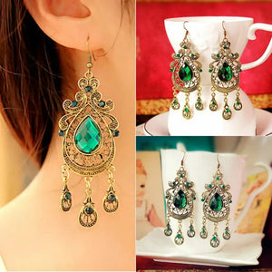 New Luxury Vintage Tassel Drop Earrings Bohemian Water Drop Green Crystal Stone Long Earrings Women's Wedding Party Jewelry