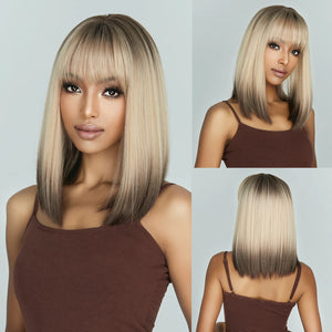 Short Straight Synthetic Wigs for Women Blonde to Brown Ombre Bob Wigs with Bangs Daily Cosplay Party Heat Resistant Fake Hair