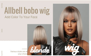 Short Straight Synthetic Wigs for Women Blonde to Brown Ombre Bob Wigs with Bangs Daily Cosplay Party Heat Resistant Fake Hair