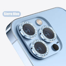 Load image into Gallery viewer, Glitter Diamond Rhinestones Metal Ring Camera Tempered Glass For iPhone 11 12 13 14 Pro Max Mini Plus Lens Protector Full Cover 9H Tempered Glass Camera Lens Protector Metal Single Ring Full Coverage Camera Lens Protector
