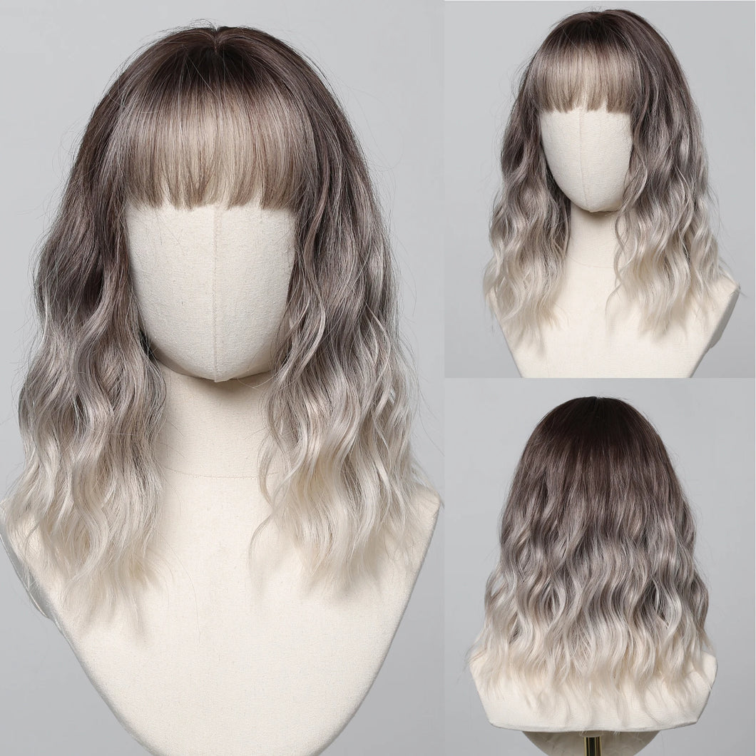 Short Wavy Wine Red Synthetic Wigs for Women Curly Lolita Wigs With Bangs Shoulder Length Wigs Natural Looking Daily Cosplay