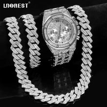 Load image into Gallery viewer, 14MM Necklace+Watch+Bracelet Iced Out Watches For Men 2 Row Rhinestone Cuban Chain Necklace Set Women Men Hiphop Jewelry Gift
