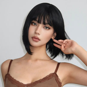 Short Straight Bob Wigs for Women Black Brown Synthetic Natural Hair Wig with Bangs Heat Resistant Cosplay Daily Use Hair