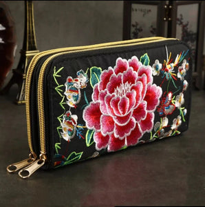 Women's wallet Ethnic Embroidery Women Long Wallet High-capacity zipper Wallet Canvas purses Clutch bags Female bag