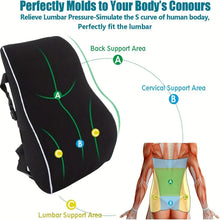 Load image into Gallery viewer, Ergonomic Memory Foam Lumbar Support Cushion – Back Pillow for Office Chair, Car, and Home Use
