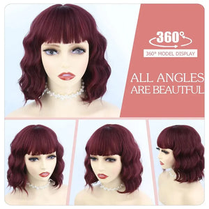 Short Wavy Bob Wigs with Bangs for Women Short Bob Curly Wig Synthetic Hair Wavy Wigs Heat Resistant Fiber Wig