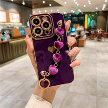 Load image into Gallery viewer, Luxury Mini Heart Shaped Love Bracelet Strap Phone Case Case with Chain Luxury Sparkle Love-Hearts Case with Strap Bracelet Slim Soft Protective Girly Cover For iPhone 11 12 13 14 Pro Max X XR XS Nice Heart Frame On 7 8 Plus SE Chain Phone Cover
