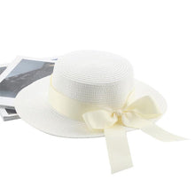 Load image into Gallery viewer, Elegant Adult Bucket Hat Beach Summer Straw Hats for Women Beach Sun Straw Hat Wide Luxury Comfortable Hat  Flat Top Ribbon Bowknot Elegant Luxury Women Summer Hat 56-58cm
