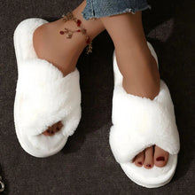 Load image into Gallery viewer, Cross Warm Fluffy Furry Slippers Women Lightweight Flat Heels Fur Slides Woman Autumn Winter Open Toe Non Slip Home Floor Shoes
