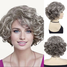 Load image into Gallery viewer, Short Curly Wigs for Women Synthetic Hair Grey Wig with Side Bangs Ombre Color Gray Wigs for Lady Dress Up Costume Party Cosplay
