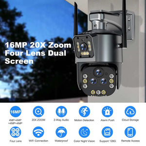 16MP 8K Wifi IP Camera 20X Zoom Outdoor Wireless Security Camera 4K Four Lens PTZ Cam Smart Home CCTV Wifi Surveillance Cameras