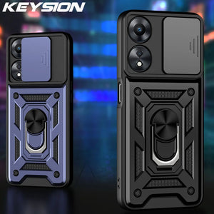 KEYSION Shockproof Armor Case for OPPO A78 5G A98 5G Slide Camera Lens Protection Ring Stand Phone Back Cover for OPPO A58 X 5G