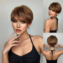 Load image into Gallery viewer, Short hair synthetic wig with side parting, locks around the collarbone, hair made of high-temperature fibers, full head cover.
