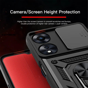 KEYSION Shockproof Armor Case for OPPO A78 5G A98 5G Slide Camera Lens Protection Ring Stand Phone Back Cover for OPPO A58 X 5G