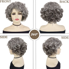 Load image into Gallery viewer, Short Curly Wigs for Women Synthetic Hair Grey Wig with Side Bangs Ombre Color Gray Wigs for Lady Dress Up Costume Party Cosplay
