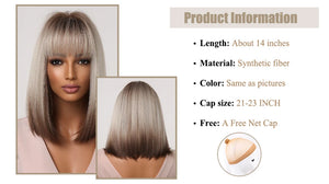 Short Straight Synthetic Wigs for Women Blonde to Brown Ombre Bob Wigs with Bangs Daily Cosplay Party Heat Resistant Fake Hair