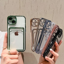 Load image into Gallery viewer, Transparent Card Holder Wallet Case For iPhone 13 11 12 14 Pro Max 14 Plus Photo Pocket Shockproof Silicone Cover Wallet Case Card Slot Ultra Glossy Slim Clear Case
