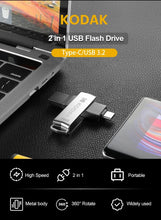 Load image into Gallery viewer, Kodak K273 Metal USB Flash Drive USB3.2 Type C Flash Drive 32GB 64GB 128GB 256GB High Speed for Car Laptop
