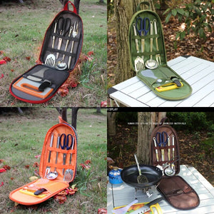 7pcs Camping Kitchen Utensil Set with Carrying Bag BBQ Beach Hiking Travel Organizer Storage Pack Cook Gadgets Equipment Gear