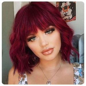 Short Wavy Bob Wigs with Bangs for Women Short Bob Curly Wig Synthetic Hair Wavy Wigs Heat Resistant Fiber Wig