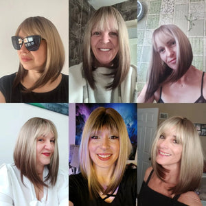 Short Straight Synthetic Wigs for Women Blonde to Brown Ombre Bob Wigs with Bangs Daily Cosplay Party Heat Resistant Fake Hair