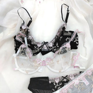 Free Shipping! Exquisite embroidery lotus pink ultra-thin women's sexy transparent lace underwear bra set